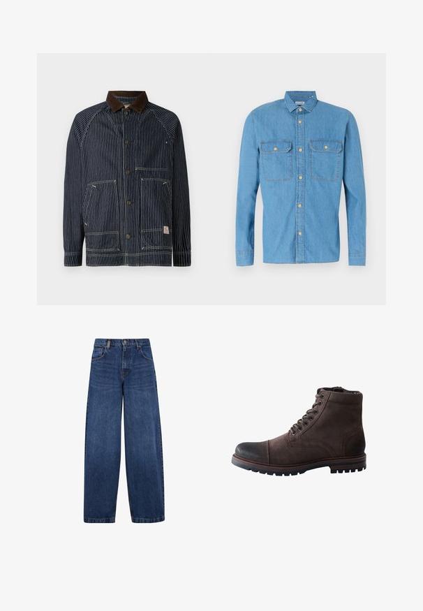 Veste de travail rayée marine avec un col en velours côtelé marron, dotée de deux poches avant et de fermetures à bouton, fabriquée en tissu durable.; Chemise en denim bleu clair à manches longues, fermeture à boutons sur le devant, deux poches poitrines, col pointu et boutons dorés. Texture lisse, design décontracté.; Jean en denim bleu à jambes larges avec un design classique à cinq poches, fermeture à bouton et une texture légèrement décolorée. Détails de couture robustes.; Bottine en daim marron foncé à lacets, avec embout renforcé noir et semelle en caoutchouc robuste.