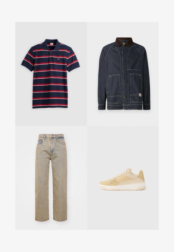 Marineblau gestreifte Arbeitsjacke mit einem braunen Cordkragen, ausgestattet mit zwei vorderen Taschen und Knopfverschlüssen, gefertigt aus strapazierfähigem Stoff.; Navyblaues Poloshirt mit rot-weißen horizontalen Streifen, drei Knöpfen am Kragen und kleinem Levi's-Logo auf der Brust. Aus weichem Baumwollmaterial.; Beige Jeans aus Denim mit geradem Bein, hoher Taille, fünf Taschen und subtilen Verblassungen für Textur. Silberner Knopfverschluss.; Beige Sneaker aus einer Kombination von Wildleder und atmungsaktivem Mesh, mit runder Zehenpartie, Schnürverschluss und strukturierten Details an der Ferse.