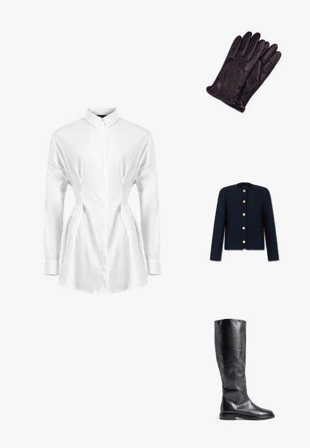 Veste pour femme bleu marine texturée avec manches longues, col rond, deux poches avant et cinq boutons dorés sur le devant.; Chemise blanche à manches longues en tissu lisse, avec une fermeture à boutons à l'avant, un col pointu et des détails froncés sur les côtés pour un effet épuré.; Botte noire montante en cuir lisse, dotée d'un bout arrondi et d'un petit talon empilé avec des détails de couture minimaux.; CASH-MERE Gants - schwarz