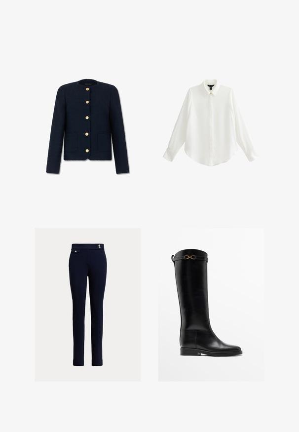 Navyblauw gestructureerd damesjack met lange mouwen, ronde hals, twee steekzakken aan de voorkant en vijf gouden knopen middenvoor.; Witte blouse met lange mouwen gemaakt van gladde stof, heeft een spitse kraag, knoopsluiting en een afgeronde zoom met geruite manchetten.; Marineblauwe slim-fit broek met hoge taille, voorzak met flap en knop, en twee decoratieve knopen op de tailleband.; Hoge zwarte leren laars met lage hak en gouden gespdetail vlak bij de bovenkant, zijaanzicht op een witte achtergrond.