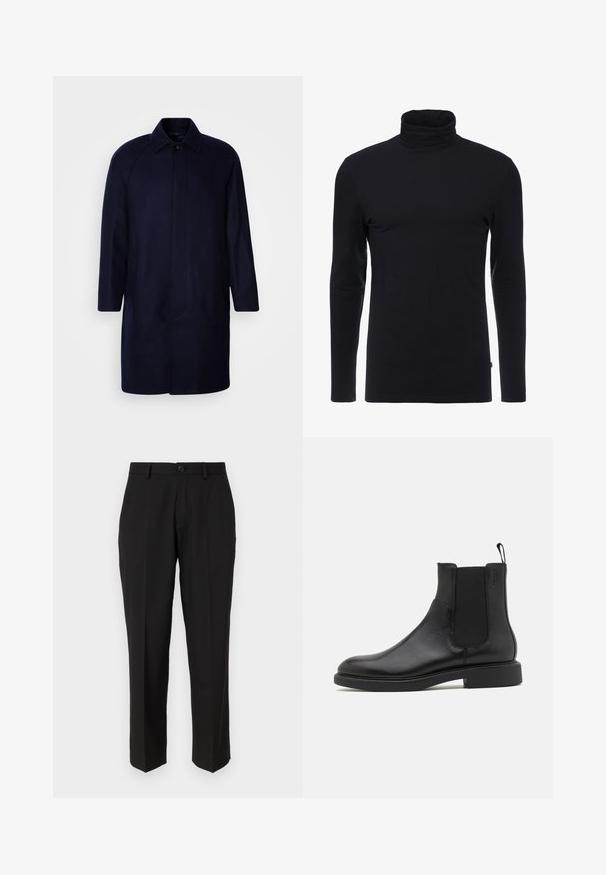 Isaac Dewhirst RAGLAN COAT - Klassischer Mantel - navy; Schwarzes Langarm-Turtleneck-Shirt aus weichem, dehnbaren Stoff. Verfügt über ein tailliertes Design und eine glatte Textur. Keine sichtbaren Muster oder Akzente.; Schwarze Hosen aus glattem Stoff mit geradem Bein, Fronttaschen, einem einzigen Knopfverschluss und ohne sichtbare Muster.; Schwarze Leder-Ankle-Boots mit glatter Textur, elastischen Seitenpaneelen und einer Zuglasche. Runde Zehenpartie und flache Gummisohle mit minimalem Profil.