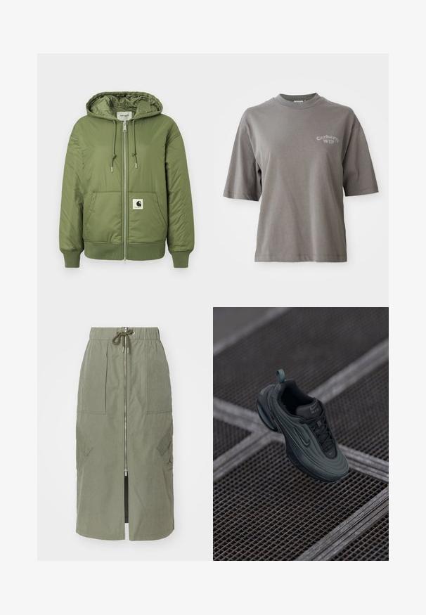 Oliven grøn pufferjakke med hætte, lynlås lukning, forlommer og ribbede manchetter. Har et fremtrædende Carhartt-logo patch.; Grå bomulds T-shirt med korte ærmer, rund hals og et lille Carhartt WIP-logo trykt på fronten. Glat tekstur, afslappet pasform.; Oliven grøn midi-skjørt lavet af letvægtsstof, med en front lynlås, elastisk talje og store sidelommer med vinkelformede klapper.; Mørkegrønne og sorte Nike Air sneakers svævende over et metalgittergulv, der fremviser deres designs detaljer fra siden og ovenpå.