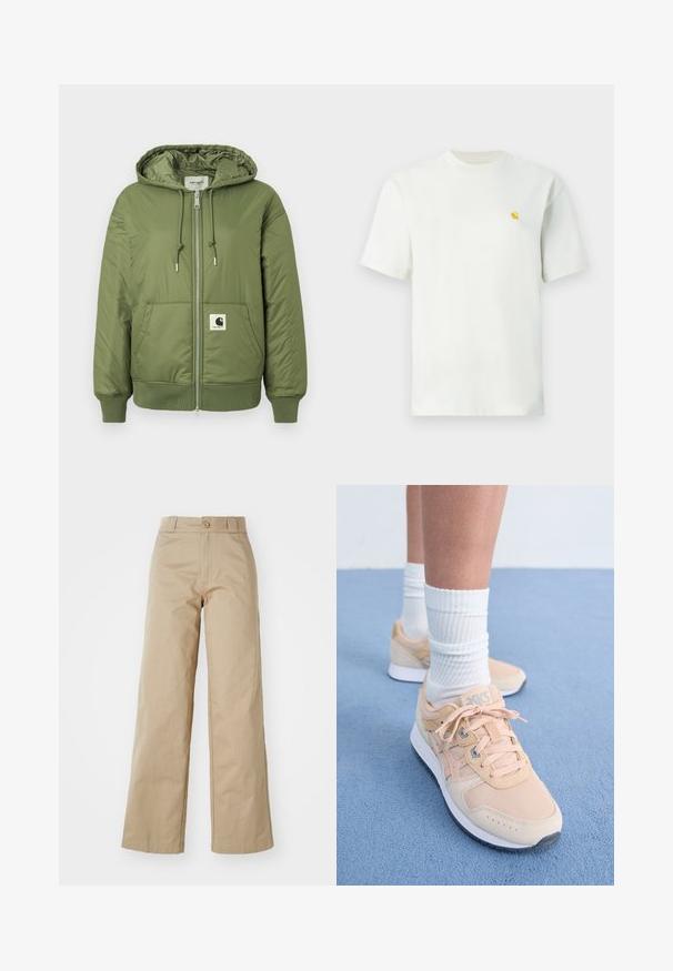 Olivengroene pufferjack met een capuchon, rits sluiting, voorzakken en geribde manchetten. Bevat een opvallend Carhartt logo patch.; Wit T-shirt met korte mouwen en ronde hals, met een klein geel logo op de linkerborst, getoond tegen een effen achtergrond.; Beige wijde broek van katoen, met een knoopsluiting en riemlussen, met een gladde textuur en een nette afwerking.; Licht perzikkleurige sportschoenen met een bovenwerk van textiel, witte rubberen zool en vetersluiting. Gecombineerd met geribbelde witte sokken en geplaatst op een blauwe ondergrond.