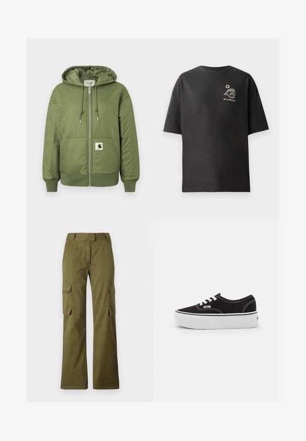 Chaqueta acolchada color verde oliva con capucha, cierre de cremallera, bolsillos frontales y puños acanalados. Presenta un destacado parche con el logo de Carhartt.; Camiseta negra de manga corta con un pequeño logo blanco de Billabong y un gráfico en el pecho. Fabricada en algodón suave con un corte relajado.; Pantalones cargo verde oliva hechos de una mezcla de algodón, con un diseño de pierna recta, dos bolsillos laterales y cierre de botón en la cintura.; Zapatilla de lona negra con suela de plataforma de goma blanca, que presenta cordones y costuras blancas, con branding icónico en el lateral, diseño de corte bajo.