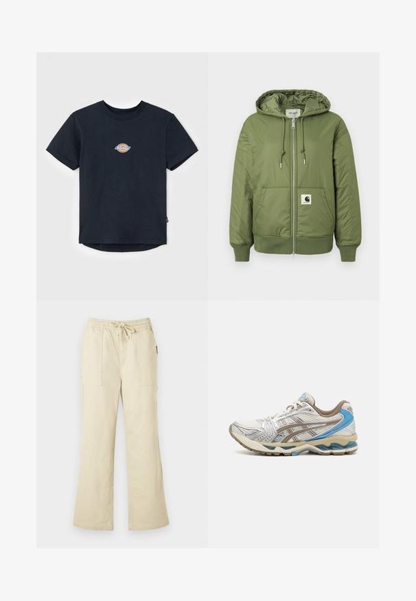 Oliven grøn pufferjakke med hætte, lynlås lukning, forlommer og ribbede manchetter. Har et fremtrædende Carhartt-logo patch.; Sort bomulds t-shirt med korte ærmer, rund hals og et lille flerfarvet logo på brystet. Lige kant med en let længere ryg.; Beige bukser med brede ben, elastisk talje og snøre, med to foran lommer og ben i lige snit.; Hvid og beige løbesko med blå accenter, netoverdel, polstret sål og snørelukning, vist fra ydersiden.