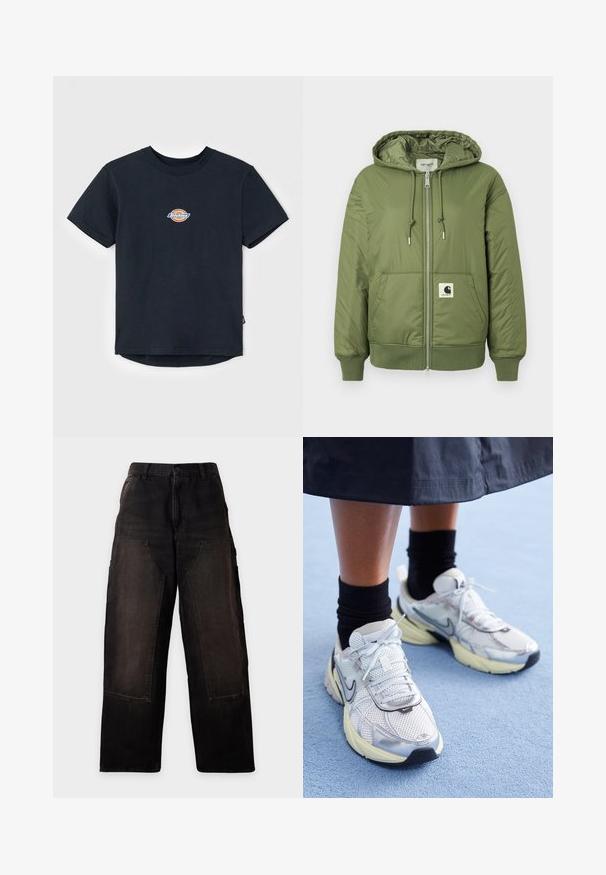 Oliven grøn pufferjakke med hætte, lynlås lukning, forlommer og ribbede manchetter. Har et fremtrædende Carhartt-logo patch.; Sort bomulds t-shirt med korte ærmer, rund hals og et lille flerfarvet logo på brystet. Lige kant med en let længere ryg.; Sorte bukser med vide ben, store forlommer og bæltestropper, vist mod en ensartet lys baggrund.; Hvide og sølv Nike sneakers med mesh-stof, reflekterende detaljer og en beige sål. Bæres med sorte sokker og står på en blå overflade.