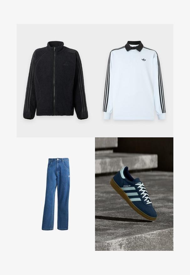 Chaqueta de forro polar negra con cremallera, cuello alto, puños acanalados y tres rayas tonales que recorren cada manga.; Camisa polo de manga larga azul claro con cuello negro, tres rayas negras en las mangas y un pequeño logo negro en el pecho.; Vaqueros de mezclilla anchos de talle alto en azul, con bolsillos frontales, presillas para cinturón, cierre de botón y pequeño logo de Adidas en el muslo derecho.; Zapatilla azul Adidas Spezial con rayas y cordones blancos, suela de goma, flotando sobre una superficie de hormigón rugosa y escaleras de fondo.