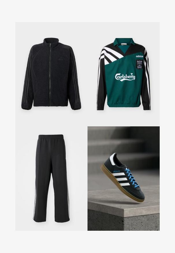 Musta fleece-tilkku takki korkealla kauluksella, ribatulla hihalla ja kolmella sävyttämällä raidalla, jotka kulkevat alas jokaisessa hihassa.; Liverpool FC:n vihreä-musta vintage Adidas pitkähihaisen treenipaita, jossa valkoiset raidat ja Carlsbergin sponsori-logo.; Mustat hupparit, joissa on joustava vyötärö, valkoisilla sivuraidoilla ja rento istuvuus. Valmistettu pehmeästä, venyvästä kankaasta.; Musta Adidas-tennari valkoisilla raidoilla, sinisillä nauhoilla ja kumipohjalla kelluu pehmeässä valossa harmaan betonisen portaan yllä.
