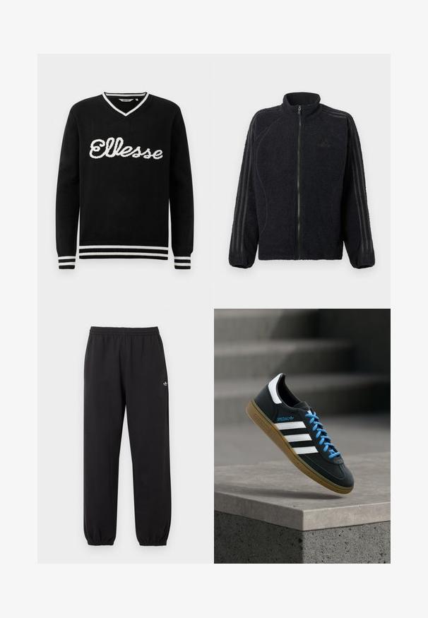 Schwarze Fleece-Zip-Jacke mit hohem Kragen, gerippten Bündchen und drei tonalen Streifen, die an jedem Ärmel entlang verlaufen.; Schwarzer V-Ausschnitt-Pullover mit weißem "Ellesse"-Logo über der Brust und weißen Streifen an Kragen, Manschetten und Saum.; Schwarze Adidas-Sweathosen mit elastischem Bund und Bündchen, versehen mit einem kleinen weißen Adidas-Trefoil-Logo am oberen linken Bein.; Schwarzer Adidas-Sneaker mit weißen Streifen, blauen Schnürsenkeln und Gummisohle, der über einer grauen Betontreppe im weichen Licht schwebt.