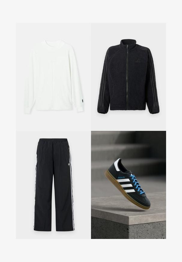Zwarte fleece zip-up jacket met hoge kraag, ribbelmanchetten en drie ton-sur-ton strepen die langs elke mouw lopen.; Witte lange mouw pullover met een ronde halslijn, geribde manchetten en een centrale naad die verticaal langs de voorkant loopt. Zachte stof.; Zwarte wijde broekspijpen met witte zijstrepen, elastische tailleband, plooien aan de voorkant en het Adidas-logo op de rechterdij.; Zwarte Adidas-sneaker met witte strepen, blauwe veters en een gumzool die boven een grijze betonnen trede zweeft in zacht licht.