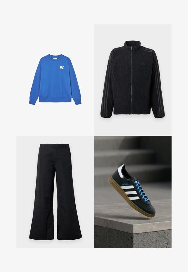 Schwarze Fleece-Zip-Jacke mit hohem Kragen, gerippten Bündchen und drei tonalen Streifen, die an jedem Ärmel entlang verlaufen.; Blaues Crewneck-Sweatshirt aus weicher Baumwolle, mit einem weißen Logo auf der linken Brust und gerippten Bündchen und Saum. Glatte Textur.; Schwarze weite Hosen aus glattem Stoff, mit vorderen Falten und einem Bund. Sauberes Design ohne sichtbare Muster oder Akzente.; Schwarzer Adidas-Sneaker mit weißen Streifen, blauen Schnürsenkeln und Gummisohle, der über einer grauen Betontreppe im weichen Licht schwebt.