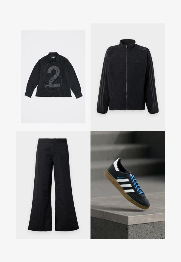 Veste zippée en polaire noire avec col montant, poignets côtelés et trois bandes tonales courant le long de chaque manche.; Chemise noire à manches longues avec boutons, ornée d'un grand numéro 6 en contour et d'un design texturé du numéro 2 en texte blanc sur le devant.; Pantalon large noir en tissu lisse, avec des plis sur le devant et une taille. Design épuré sans motifs ni accents visibles.; Baskets Adidas noires avec des rayures blanches, des lacets bleus et une semelle en gomme flottant au-dessus d'une marche en béton grise sous une lumière douce.