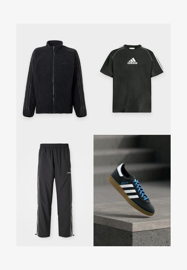 Zwarte fleece zip-up jacket met hoge kraag, ribbelmanchetten en drie ton-sur-ton strepen die langs elke mouw lopen.; Zwart T-shirt met korte mouwen en een wit Adidas-logo op de borst en witte strepen op de schouders. Gemaakt van gladde stof, met een ontspannen pasvorm.; Zwarte sportieve broek van lichtgewicht stof, met witte zijstrepen, een elastische tailleband en verstelbare enkelmanchetten.; Zwarte Adidas-sneaker met witte strepen, blauwe veters en een gumzool die boven een grijze betonnen trede zweeft in zacht licht.