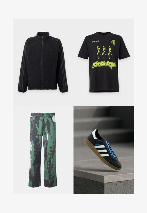 Sort fleece zip-up jakke med høj krave, ribstrikkede manchetter og tre tonale striber, der løber ned ad hver ærme.; Sort bomulds t-shirt med et lysende grønt grafisk design med tre figurer og "adidas" tekst nederst. Rund hals stil.; Bukser med lige ben med geometrisk diamantmønster i grøn, sort, lilla og hvid, med forlommer og knaplukning.; Sort Adidas sneaker med hvide striber, blå snørebånd og gummisål, der svæver over gråt betontrin i blødt lys.