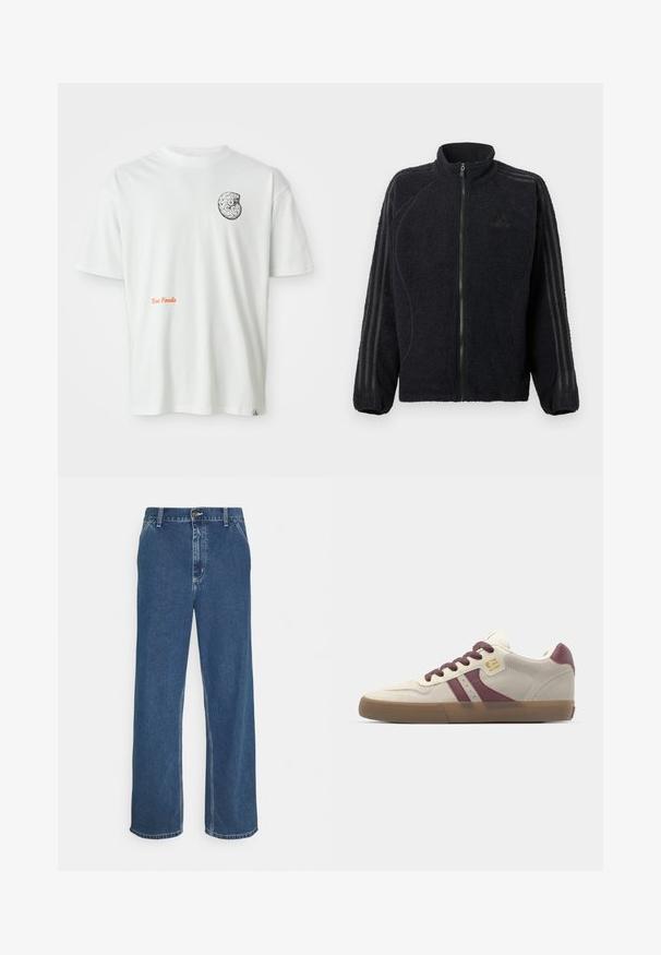 Veste zippée en polaire noire avec col montant, poignets côtelés et trois bandes tonales courant le long de chaque manche.; T-shirt blanc à manches courtes avec un design de fossile abstrait en noir et blanc sur la poitrine gauche et le texte orange "Texas Fossils" sur le devant.; Jean en denim bleu avec une coupe droite, un design à cinq poches, fermeture à bouton métallique et coutures visibles le long des coutures et de l'ourlet.; Baskets de skate beige avec des accents bordeaux et une semelle en caoutchouc marron, dotées de lacets ronds et du logo "Globe" sur le côté.