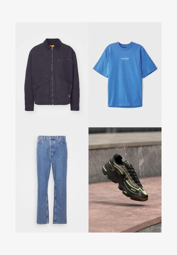 Mørk marineblå jakke med en kordfløjskrave, frontlynlås og to store påsatte lommer. Har en lynlåslomme på brystet og diskret branding.; Dyb blå bomulds t-shirt med korte ærmer og rund halsudskæring. Har det hvide "Penfield" logo på forsiden. Glat, åndbart materiale.; Blå denimjeans med lige pasform, fem lomme-design, bæltestropper og knaplukning. Stoffet har en blød, struktureret finish.; Sort og gul New Balance 1000-sneaker svævende over en lyserød stensurface med en grå stenvæg i baggrunden.