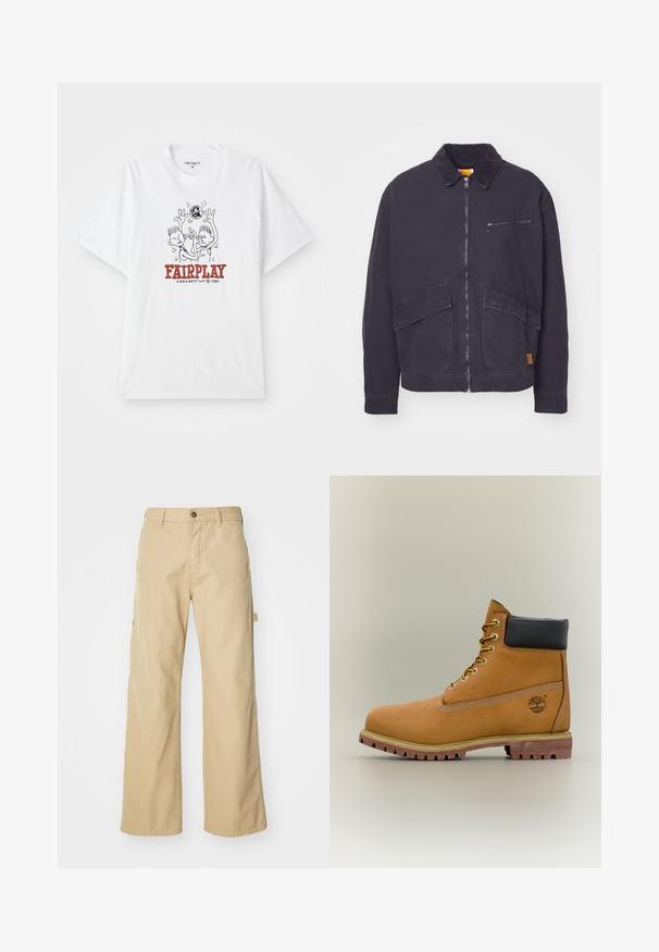 Donkerblauwe jas met een corduroy kraag, voorzijde met ritssluiting en twee grote opgestikte zakken. Bevat een ritssluiting op de borst en subtiele branding.; Witte katoenen t-shirt met een cartoonafbeelding van twee figuren die basketbal spelen, met "FAIRPLAY" in rode tekst onder het ontwerp.; Beige wijde cargo broek met een knoopsluiting, voorzien van zijzakken, gemaakt van stevig katoen, met een soepele textuur en een recht gesneden ontwerp.; Bruine leren enkellaars met zwarte kraag, gele veters en een zandkleurige zool. Voorzien van een logo en witte stikseldetails. Robuuste loopzool met grip.