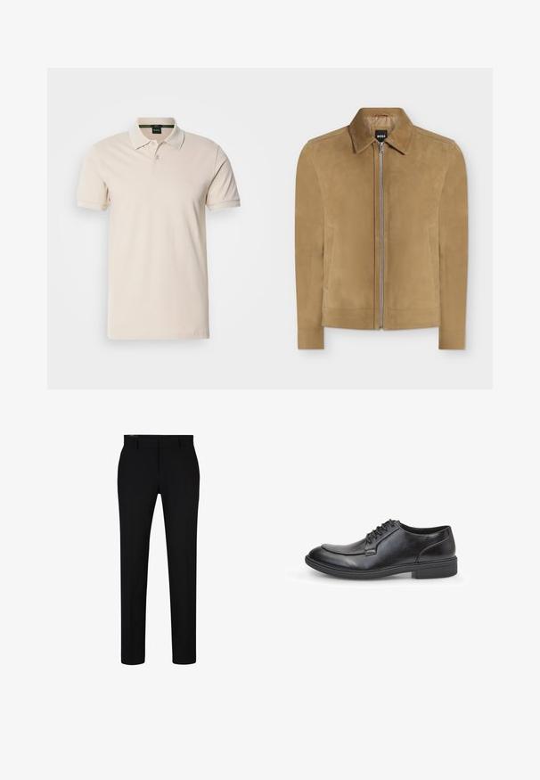 Camelkleurig suède jack met rits, kraag en twee zijzakken, afgebeeld op een effen witte achtergrond. BOSS-label zichtbaar in de kraag.; Crème-kleurig polo shirt gemaakt van katoen. Beschikt over een klassieke kraag, een drie-knopen sluiting, korte mouwen en een geborduurd logo op de borst.; Zwarte broek met een slim fit, gemaakt van zachte stof. Kenmerkt zich door een vlakke voorkant, riemlussen en scherpe plooien langs de benen. Geen zichtbare zakken.; Zwarte leren veterschoen met een ronde neus, een gladde textuur, subtiele stiksels en een lage blokhak.