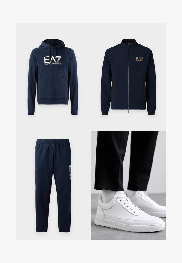 Marineblauwe windbreaker met een hoge kraag, ritsluiting, zwarte zijpanelen en een gouden EA7-logo op de linkerborst. Glad, lichtgewicht materiaal.; Navyblauwe hoodie van zacht materiaal, voorzien van een kangoeroezak, ribgebreide boorden en het EA7 Emporio Armani-logo op de voorkant.; Marineblauwe trainingsbroek met een elastische tailleband, taps toelopende pijpen en een wit logo aan de zijkant. Gladde stof met een lichte textuur.; Witte leren sneakers met een platte rubberen zool, met een soepele afwerking, ronde neus en metalen oogjes voor de veters. Draag ze met een zwarte broek.