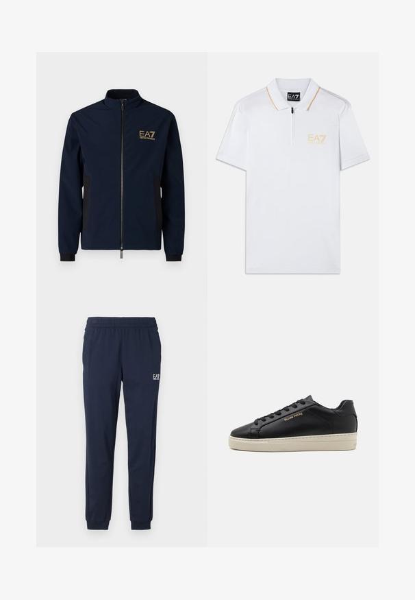Chaleco navy azul con un alto cuello, cierre de cremallera, paneles laterales negros y un logo EA7 dorado en el lado izquierdo del pecho. Material liso y ligero.; Camiseta polo blanca con cuello con cremallera, mangas cortas y costuras de acento naranja. Presenta el logotipo bordado de EA7 en amarillo en el lado izquierdo del pecho.; Pantalones de chándal azul marino con cinturilla y puños elásticos. Presentan un pequeño logo blanco en la pierna izquierda. Fabricados con un material suave y elástico.; Zapatilla de cuero negra con un acabado suave, suela crema en contraste, puntera redonda, logo dorado en el lateral y seis ojales para los cordones.