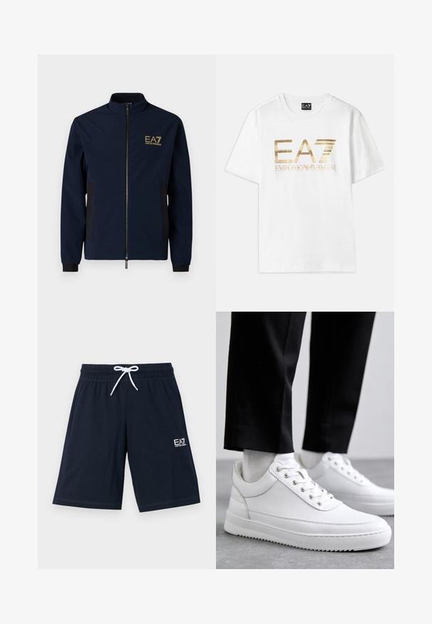 Chaleco navy azul con un alto cuello, cierre de cremallera, paneles laterales negros y un logo EA7 dorado en el lado izquierdo del pecho. Material liso y ligero.; Camiseta de algodón blanca con un gran logo metálico dorado "EA7" y el texto "EMPORIO ARMANI" debajo, con mangas cortas y cuello redondo.; Pantalones cortos de color azul marino hechos de una tela suave con una cinturilla elástica y cordones blancos. Presentan un pequeño logo blanco en la parte inferior izquierda.; Zapatillas de cuero blanco con una suela de goma plana, que presentan un acabado suave, punta redonda y ojetes de metal para los cordones. Llevadas con pantalones negros.