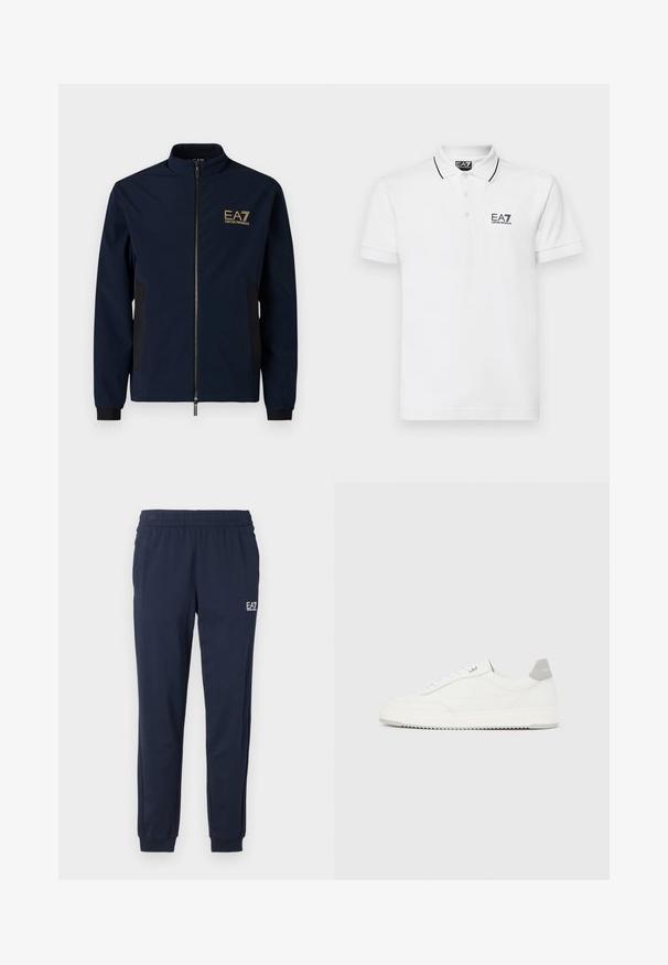Marineblauwe windbreaker met een hoge kraag, ritsluiting, zwarte zijpanelen en een gouden EA7-logo op de linkerborst. Glad, lichtgewicht materiaal.; Witte katoenen polo met een tweeknoopssluiting, zwarte kraag en mouwstrepen, met het EA7-logo op de linkerborst.; Marineblauwe sweatpants met een elastische tailleband en boorden. Voorzien van een klein wit logo op het linkerpant. Gemaakt van een zachte, rekbare stof.; Witte lage sneaker met grijze hielpatch, witte veters en een gestructureerde zool, gepresenteerd op een effen lichte achtergrond.