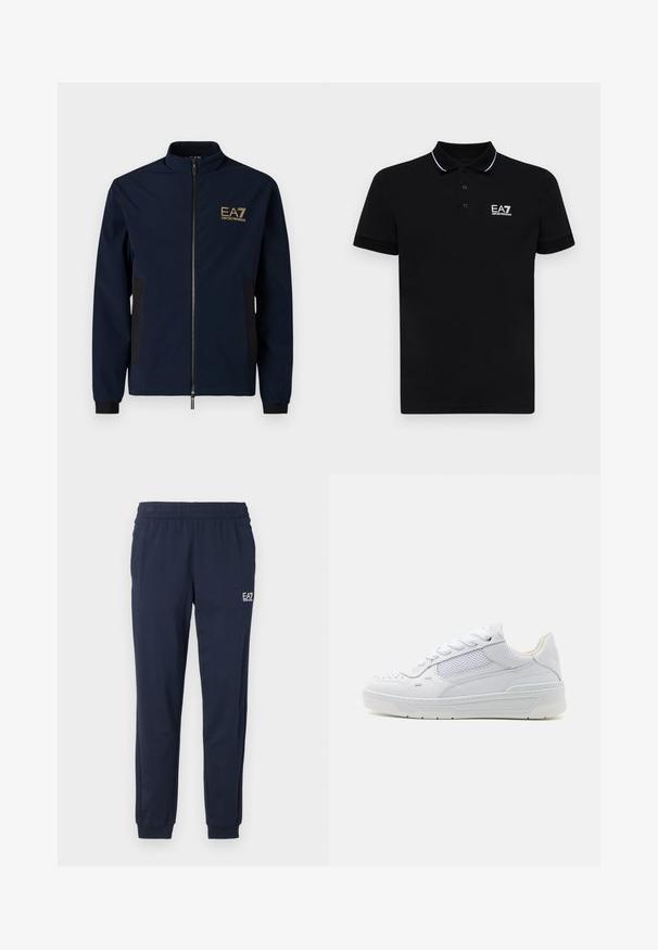 Marineblauwe windbreaker met een hoge kraag, ritsluiting, zwarte zijpanelen en een gouden EA7-logo op de linkerborst. Glad, lichtgewicht materiaal.; Zwart poloshirt met een kraag, drie knopen en witte accentstrepen. Geborduurd EA7-logo op de linkerkant van de borst. Korte mouwen.; Marineblauwe sweatpants met een elastische tailleband en boorden. Voorzien van een klein wit logo op het linkerpant. Gemaakt van een zachte, rekbare stof.; Witte sneaker met leer en mesh materialen, een ronde neus, platte veters en een gestructureerde zool met subtiele branding aan de zijkant.