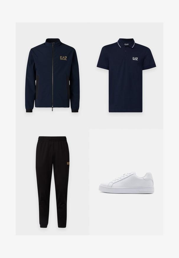 Marineblauer Windbreaker mit hohem Kragen, Reißverschluss, schwarzen Seitenteilen und einem goldenen EA7-Logo auf der linken Brust. Glattes, leichtes Material.; Navyblaue Poloshirt aus Baumwolle mit klassischem Kragen, einer Drei-Knopf-Leiste und weißen Akzenten entlang des Kragens und der Ärmel. EA7-Logo in Weiß.; Schwarze Jogginghose mit einem elastischen Bund, taillierten Bündchen und einem kleinen gelben Logo am oberen linken Bein. Weicher, glatter Stoff.; Weiße Ledersneaker mit glatter Textur, runder Zehenform, Schnürung vorne und flacher Gummisohle. Mit eingeprägtem Branding an der Ferse.