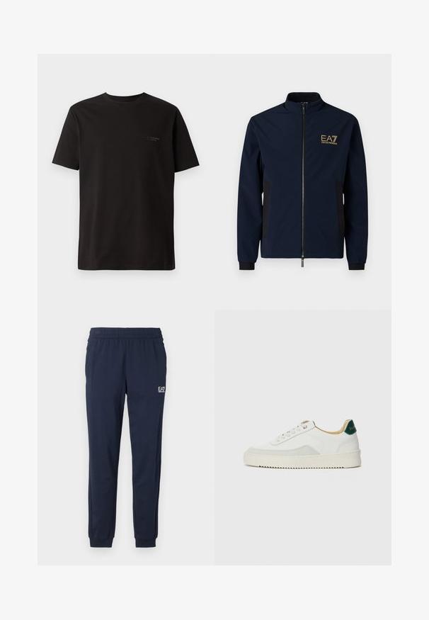 Marineblå vindjakke med høj krave, lynlås-lukning, sorte sidepaneler og et guld EA7-logo på venstre bryst. Glat, letvægtsmateriale.; Sort kortærmet t-shirt lavet af bomuld. Har en rund halsudskæring og diskret branding på venstre brystområde. Glat tekstur.; Mørkeblå sweatpants med elastisk talje og manchetter. Har et lille hvidt logo på venstre ben. Fremstillet af et blødt, strækbart materiale.; Hvide sneakers med ruskindsdetaljer, rund tå, flade snørebånd og en cremet gummisål. Har grøn branding på hælen.