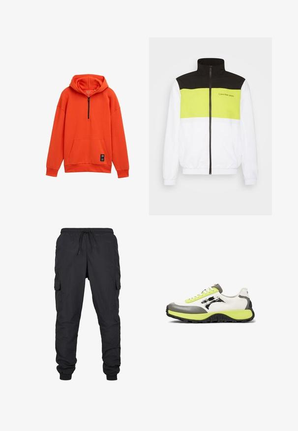 Calvin Klein Jeans BOLD COLORBLOCK JACKET - Veste de survêtement - bright white; Sweatshirt à capuche orange avec fermeture éclair à mi-hauteur, poche kangourou et poignets côtelés. Fabriqué en tissu doux, il présente une étiquette de marque sur l'ourlet.; Pantalons cargo noirs avec une taille élastique et un cordon de serrage, comprenant des poches latérales et des ourlets à manches. Fabriqués dans un tissu léger et durable.; Les baskets présentent une tige en toile blanche, des accents en caoutchouc gris, des lacets vert fluo, un logo bien visible et une semelle noire texturée pour une meilleure adhérence.