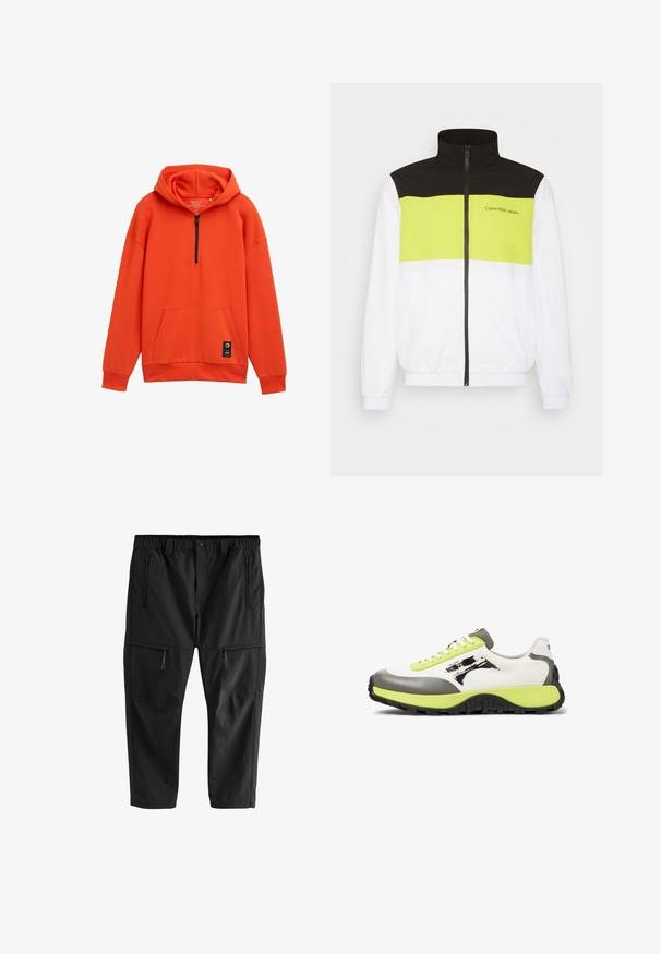 Calvin Klein Jeans BOLD COLORBLOCK JACKET - Trainingsjacke - bright white; Orangene Kapuzenjacke mit halbem Reißverschluss, Kängurutasche und gerippten Bündchen. Hergestellt aus weichem Stoff, mit einem markierten Etikett am Saum.; Schwarze leichte Hose mit elastischem Bund, zwei seitlichen Reißverschlusstaschen und zwei Reißverschluss-Cargotaschen. Glatte Textur und gerade Schnittführung.; Die Sneakers verfügen über ein weißes Obermaterial aus Canvas, graue Gummielemente, neongrüne Schnürsenkel, ein auffälliges Logo und eine strukturierte schwarze Sohle für besseren Grip.