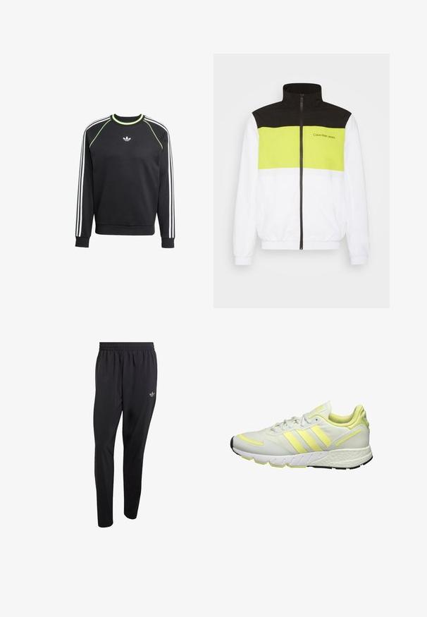 Calvin Klein Jeans BOLD COLORBLOCK JACKET - Veste de survêtement - bright white; Sweat-shirt noir avec un design à trois rayures blanches sur les manches et des accents vert citron. Il présente un col rond et un petit logo sur la poitrine.; Pantalon de sport noir en tissu léger, doté d'une taille élastique et d'un petit logo embossé en haut de la jambe gauche.; Baskets blanches avec des accents jaunes, présentant une tige lisse, une semelle texturée et trois bandes sur le côté pour le marquage.