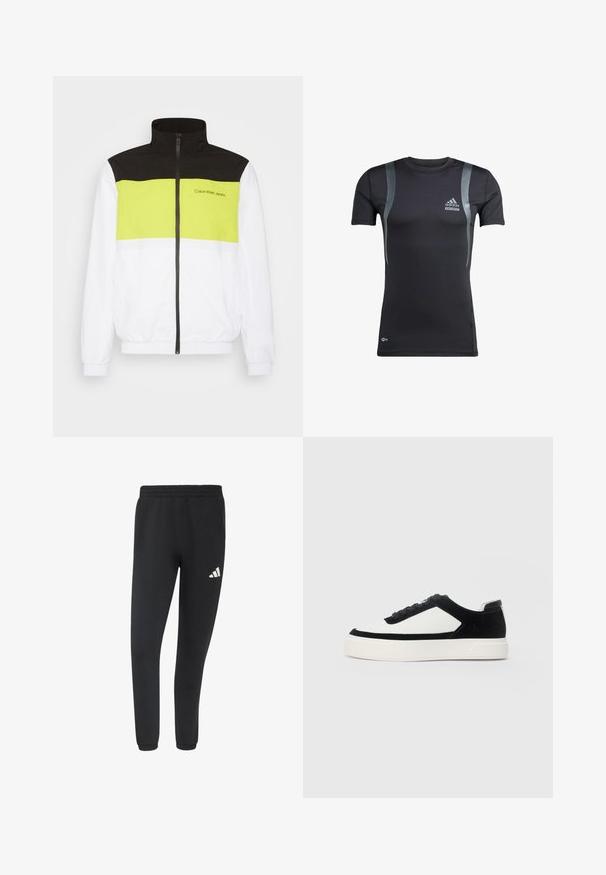 Calvin Klein Jeans BOLD COLORBLOCK JACKET - Chaqueta de entrenamiento - bright white; Camiseta deportiva negra de manga corta con detalles en gris, hecha de una tela elástica. Presenta un logo de Adidas en el lado izquierdo del pecho y la marca Techfit.; Pantalones deportivos negros tipo jogger con cinturilla y puños elásticos, con un pequeño logo blanco de Adidas en el muslo derecho.; Zapatilla de corte bajo con paneles de ante negro y cuero blanco, cordones negros y suela de goma blanca gruesa, mostrada desde el lado exterior.