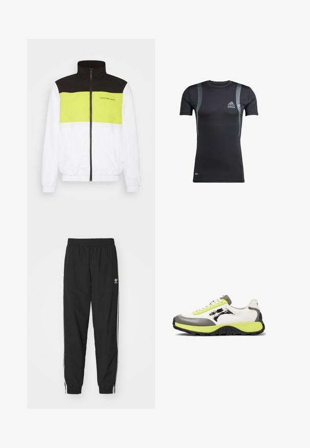 Calvin Klein Jeans BOLD COLORBLOCK JACKET - Trainingsvest - bright white; Zwart sportshirt met korte mouwen en grijze accenten, gemaakt van rekbare stof. Bevat een Adidas-logo op de linkerborst en Techfit-branding.; Zwarte trainingsbroek met een elastische tailleband en boorden, voorzien van witte zijstrepen en een klein wit Adidas-logo op de linkse heup.; Sneakers hebben een bovenwerk van wit canvas, grijze rubberaccenten, neon groene veters, een opvallend logo en een gestructureerde zwarte zool voor grip.