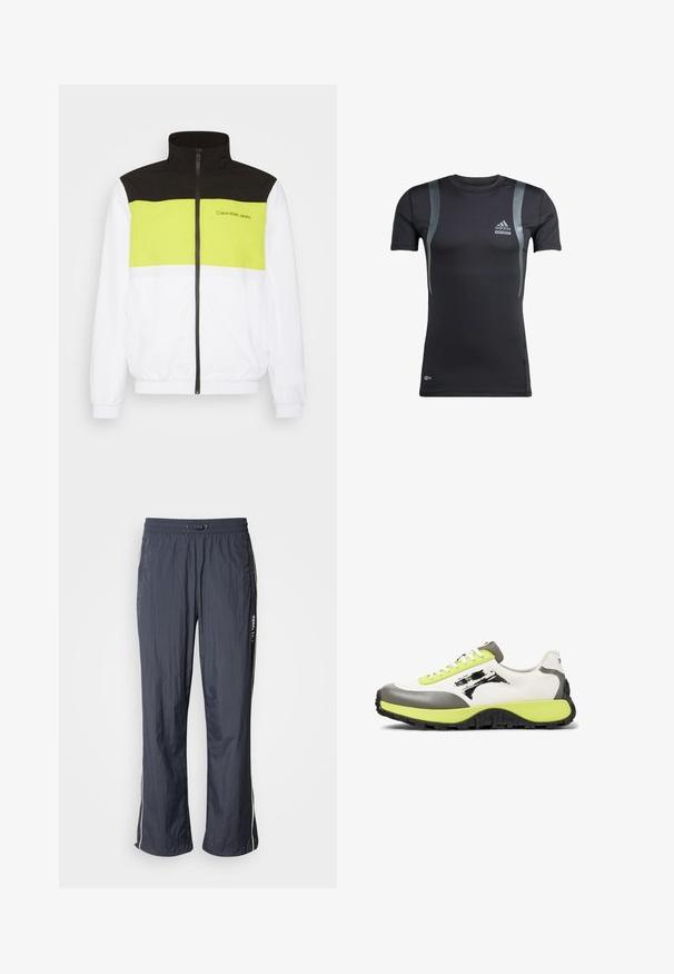 Calvin Klein Jeans BOLD COLORBLOCK JACKET - Chaqueta de entrenamiento - bright white; Camiseta deportiva negra de manga corta con detalles en gris, hecha de una tela elástica. Presenta un logo de Adidas en el lado izquierdo del pecho y la marca Techfit.; Pantalones de chándal ligeros en azul marino con cintura elástica, bolsillos laterales y franjas blancas en los costados. Textura suave.; Las zapatillas presentan una parte superior de lona blanca, acentos de goma gris, cordones de neón verde, un logo prominente y una suela negra texturizada para mayor agarre.