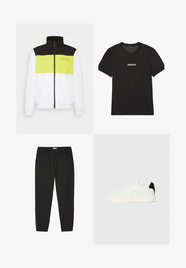 Calvin Klein Jeans BOLD COLORBLOCK JACKET - Trainingsjacke - bright white; Schwarzes, kurzärmeliges Sport-T-Shirt mit Mesh-Einsatz im oberen Brust- und Schulterbereich, vorn zentriert mit dem "Calvin Klein"-Logo versehen.; Schwarze Hosen mit elastischem Bund, geraden Beinen und Seitentaschen, entwickelt für Freizeit- oder Berufsbekleidung.; Weiße Ledersneaker mit einem schwarzen Akzent an der Ferse, runden Zehen, flachen Schnürsenkeln und einer dicken weißen Sohle. Calvin Klein Logo angebracht.