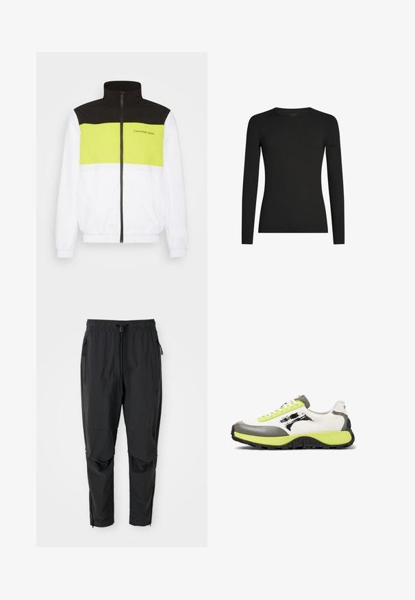 Calvin Klein Jeans BOLD COLORBLOCK JACKET - Trainingsvest - bright white; Zwart, aansluitend shirt met lange mouwen en ronde hals, met subtiel Icebreaker-logo op de linker mouw, weergegeven op een witte achtergrond.; Zwarte lichte broek met elastische tailleband, koord, ritszakken aan de zijkant, gebogen knieën en ritssluitingen bij de enkels.; Sneakers hebben een bovenwerk van wit canvas, grijze rubberaccenten, neon groene veters, een opvallend logo en een gestructureerde zwarte zool voor grip.