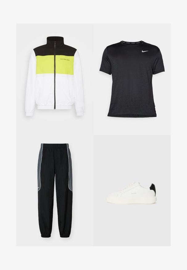 Calvin Klein Jeans BOLD COLORBLOCK JACKET - Chaqueta de entrenamiento - bright white; Camiseta deportiva de manga corta negra, con cuello redondo, tejido transpirable, sutil patrón de puntos elevados y un pequeño logo blanco de Nike en el pecho.; Pantalones de chándal negros con paneles laterales gris oscuro y ribete blanco, cintura y puños elásticos, exhibidos sobre un fondo blanco.; Zapatilla de cuero blanca con un acento negro en el talón, presenta puntera redonda, cordones planos y una suela gruesa blanca. Logo de Calvin Klein visible.