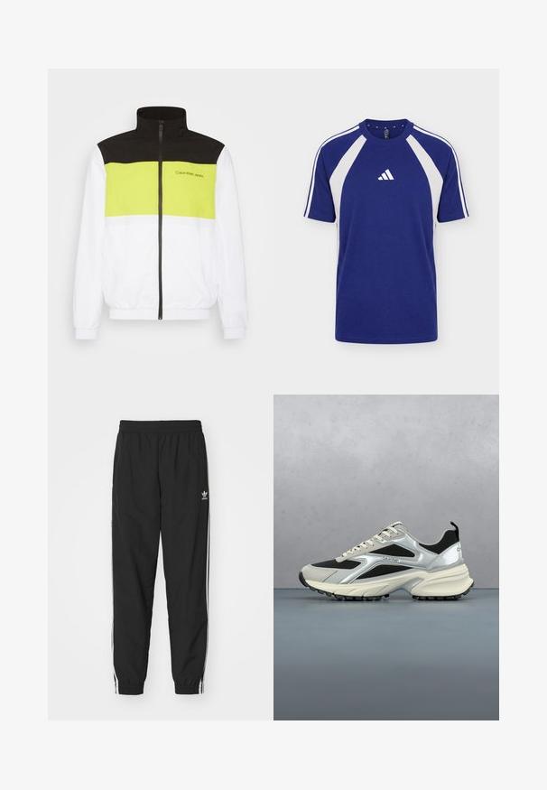 Calvin Klein Jeans BOLD COLORBLOCK JACKET - Veste de survêtement - bright white; T-shirt de sport bleu et blanc à manches courtes avec col rond et logo Adidas au centre devant.; Pantalons de jogging noirs avec taille élastique et poignets, présentant des rayures latérales blanches et un petit logo Adidas blanc sur la hanche gauche.; Baskets modernes Calvin Klein noires et argentées suspendues au-dessus d'un sol en carrelage de bois avec un arrière-plan extérieur flou.
