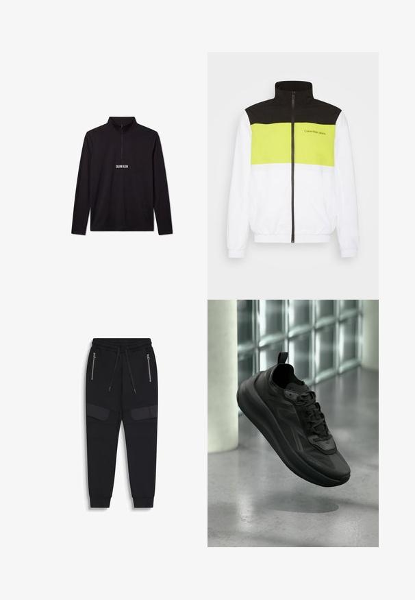 Calvin Klein Jeans BOLD COLORBLOCK JACKET - Trainingsvest - bright white; Zwarte Calvin Klein trui met lange mouwen, een kwart rits en een wit logo gedrukt op de borst.; Zwarte joggerbroek met elastische tailleband, trekkoorden, zijzakken met rits en extra stofdetail op de dijen, met omgeslagen enkels.; Zwarte Calvin Klein sneaker met veters, opgeheven boven een gepolijste betonnen vloer, glazen blokmuur en pilaar op de vage achtergrond.