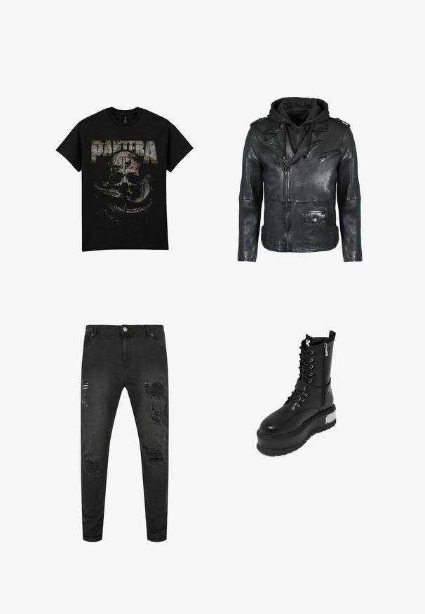 Chaqueta de cuero negro con capucha negra adjunta. Presenta cremalleras, un bolsillo con parche y hombreras. Textura suave y diseño ajustado.; Camiseta negra de algodón con un gráfico desgastado de un cráneo y una serpiente, con la palabra "PANTERA" en letras grandes y envejecidas.; Jeans de mezclilla negra con un ajuste slim, que presentan detalles desgastados, desgarros y áreas desvaídas. Diseño estándar de cinco bolsillos con cierre de botón metálico.; Botín de combate de imitación de cuero negro con una plataforma gruesa, que presenta un cierre de cordones en la parte frontal, cierre de cremallera y un acento metálico en el tacón.