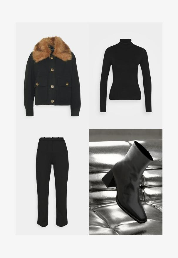 ONLY Petite ONLEMMA SHORT SHACKET - Let jakke / Sommerjakker - black; Sort turtleneck sweater med lange ærmer, lavet af et glat strikket stof. Har et tætsiddende design og en ribbet krave.; Sorte skræddersyede bukser med en lige pasform, fremstillet af et glat stof. Har bæltestropper og en ren talje uden synlige lommer.; Sorte ankelstøvler lavet af glossy materiale med firkantet tå og spidse hæle, sat mod en skinnende sølv tuftet baggrund.