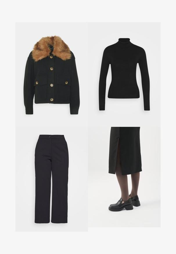ONLY Petite ONLEMMA SHORT SHACKET - Suvejakk - black; Mustmustik turtleneck sviiter pika varrukaga, valmistatud siledast kudumisest. Omab kitsast disaini ja soonikkoes kraed.; Mustad laiad mustad püksid siledast kangast, mis on varustatud nööbiklõpsuga ja üleva, hästi lõigatud disainiga, ilma nähtavate taskuteta.; Naine, kes kannab musta kõva kontsaga loafer-kingi, läbipaistvaid musti sukkpükse ja musta seelikut tagumise lõhikuga valgel taustal.