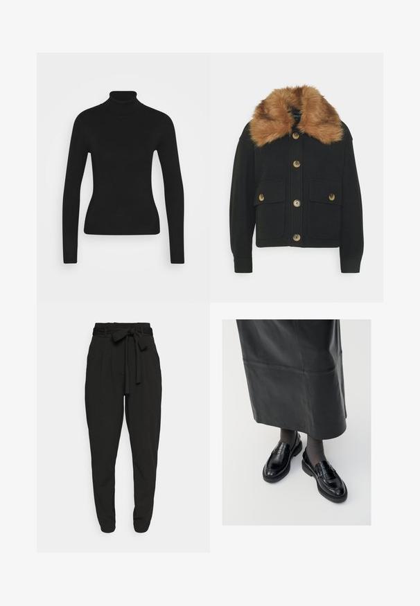 ONLY Petite ONLEMMA SHORT SHACKET - Leichte Jacke - black; Schwarzer Rollkragenpullover mit langen Ärmeln, gefertigt aus einem glatten Strickstoff. Hat ein tailliertes Design und einen gerippten Kragen.; JDY Petite Stoffhose - black; Schwarze Lederloafers mit glatter Oberfläche, verziert mit einem dekorativen Riemen, runder Zehenpartie und texturierten Sohlen. Getragen mit einem langen schwarzen Lederrock.