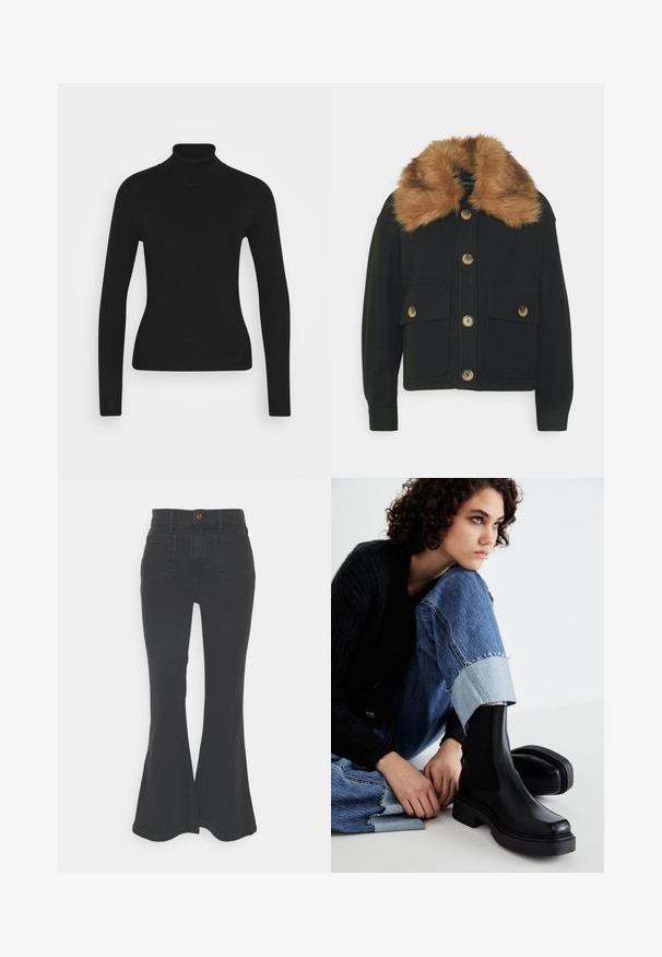 ONLY Petite ONLEMMA SHORT SHACKET - Let jakke / Sommerjakker - black; Sort turtleneck sweater med lange ærmer, lavet af et glat strikket stof. Har et tætsiddende design og en ribbet krave.; Sorte, flagrende jeans lavet af denim med høj talje, fem-lomme design og en split-åbning i bunden for ekstra detaljer.; Sorte ankelstøvler med elastiske sidepaneler, tyk sål og firkantet tå. Båret med slidte blå jeans med en frynset kant.