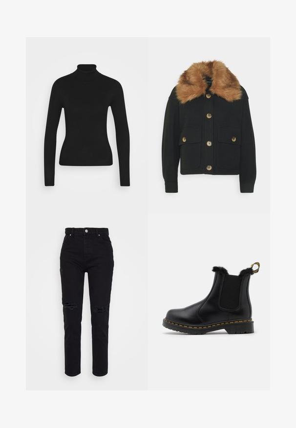 ONLY Petite ONLEMMA SHORT SHACKET - Let jakke / Sommerjakker - black; Sort turtleneck sweater med lange ærmer, lavet af et glat strikket stof. Har et tætsiddende design og en ribbet krave.; ONLY Petite ONLJAGGER - Jeans Slim Fit - washed black; Sorte læder ankelstøvler med teksturerede elastiske sidepaneler, pelsbesætning øverst, gule sømme og en robust gummisål.