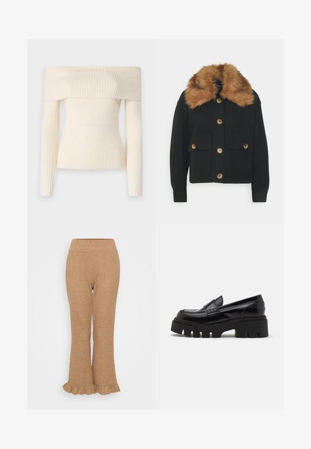 ONLY Petite ONLEMMA SHORT SHACKET - Lichte jas - black; Off-shoulder, geribbelde gebreide trui in crème. Heeft lange mouwen en een getailleerde pasvorm, met een zachte textuur en een subtiele glans.; Lichtbruine geribbelde gebreide broeken met een uitlopende onderkant en een gerimpelde zoom. Elastische tailleband voor comfort. Gelijke textuur over het geheel.; Zwarte leren loafers met een chunky, gestructureerde platformzool en een decoratieve strap over de bovenkant. Gladde, glanzende afwerking.