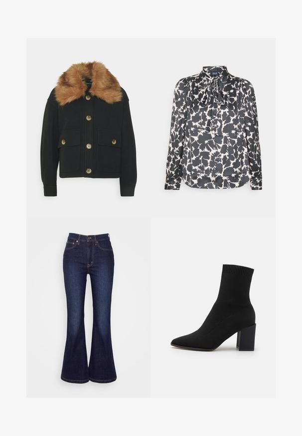 ONLY Petite ONLEMMA SHORT SHACKET - Suvejakk - black; GAP Petite TIE NECK - Pluus - black; Tumedad sinised flared teksad, mis on valmistatud denimist; omad kõrge vöökoht, esi nööbiga kinnitamine ja peened õmblused taskute ja õmbluste ääres.; Mustad muste kõrge saapas, mis on valmistatud venivast kangast, terava nina ja ruudukujulise ploki kontsaga, pealmises osas sooniku äärisega.