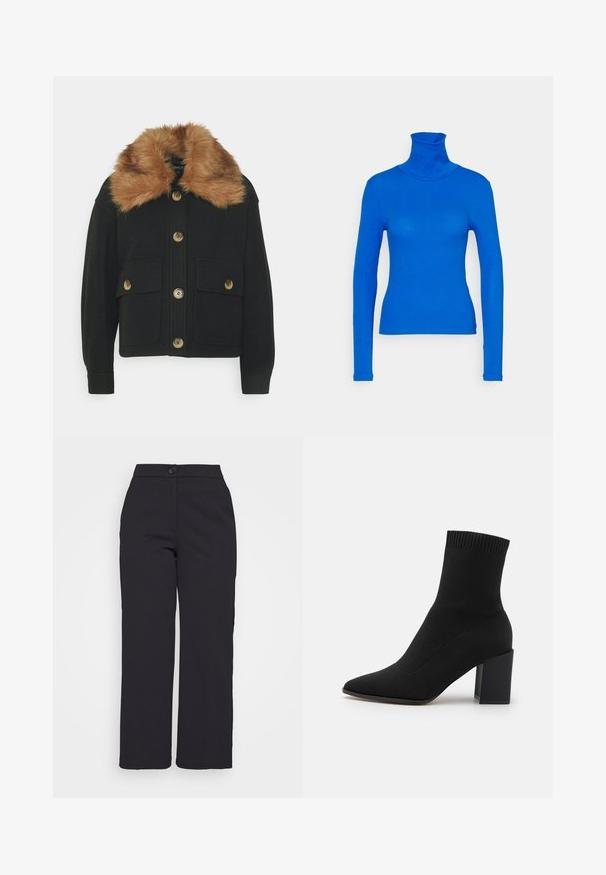 ONLY Petite ONLEMMA SHORT SHACKET - Suvejakk - black; Pieces Petite PCKITTE ROLLNECK - Pikkade varrukatega topp - princess blue; Mustad laiad mustad püksid siledast kangast, mis on varustatud nööbiklõpsuga ja üleva, hästi lõigatud disainiga, ilma nähtavate taskuteta.; Mustad muste kõrge saapas, mis on valmistatud venivast kangast, terava nina ja ruudukujulise ploki kontsaga, pealmises osas sooniku äärisega.
