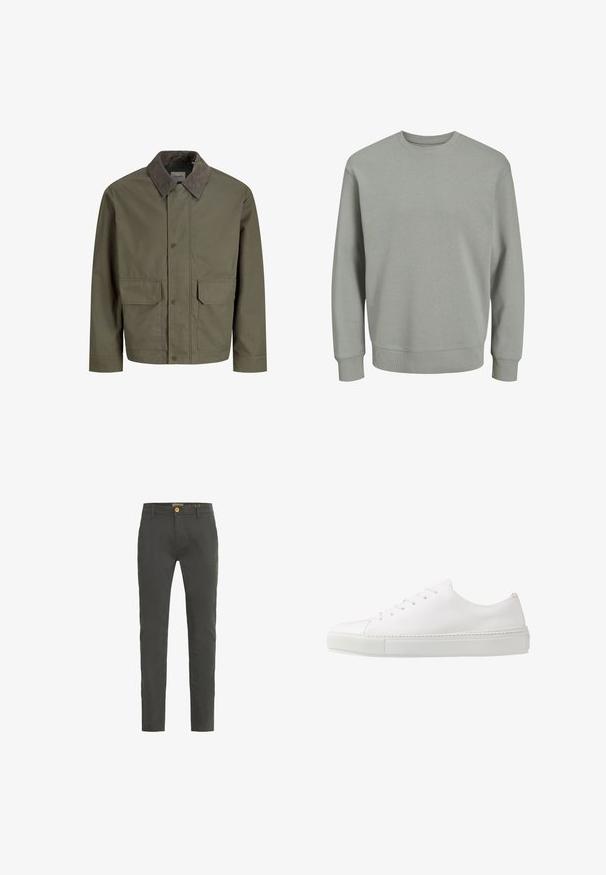 Veste verte avec col en velours côtelé marron, boutons-pression à l'avant et deux grandes poches à rabat, présentée sur fond blanc.; Sweat-shirt gris clair, fabriqué en tissu doux. Il dispose d'un col rond côtelé, de manches longues et de poignets et ourlet ajustés. Design simple, sans motifs.; Chinos slim fit gris foncé en mélange de coton. Présente une fermeture à un bouton et des passants de ceinture. Texture lisse avec un minimum de détails.; Baskets en cuir blanc avec une finition lisse, bout rond et six œillets pour les lacets. Présente une semelle en caoutchouc texturée et un design minimaliste.